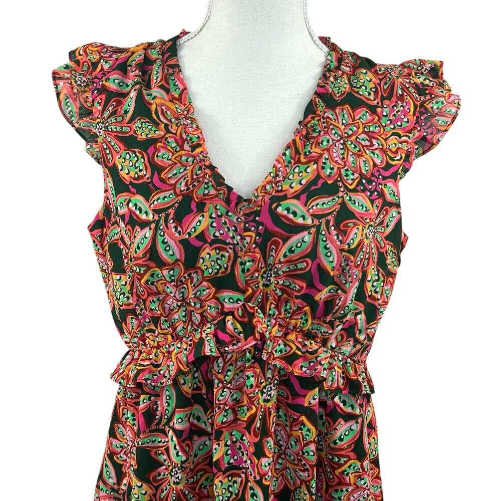 J Crew Green Orange Floral Ruffle V-neck Tiered Dress Size 4 - Picture 3 of 16